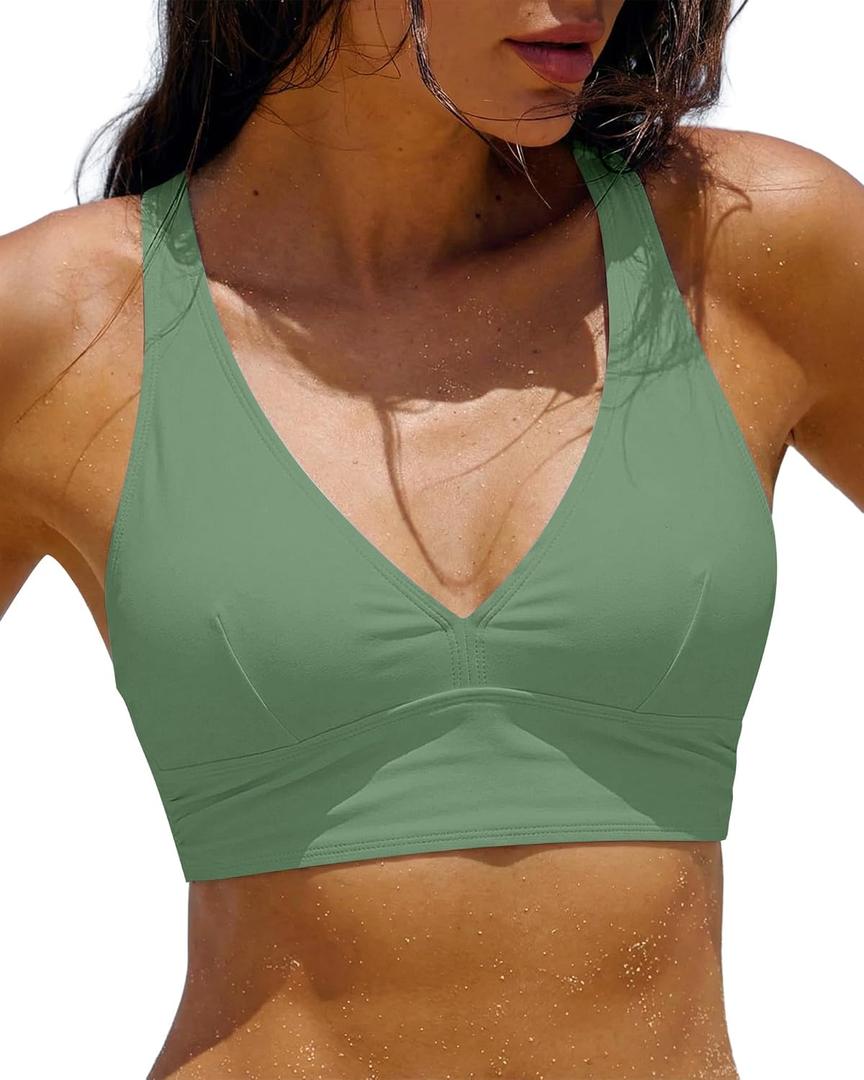 GRAPENT Bikini Top for Women V Neck Ruched Criss Cross Padded Beach Vacation Bathing Suit Modest Cute Swim Suit Top Only (Medium, Iceberg Green)