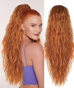 Rosooi 26 Inch Long Black Drawstring Ponytail Extension for Women Synthetic Long Curly Wavy Clip in Ponytail Hair Extensions for Daily Party Use (26 Inch, Copper Red)