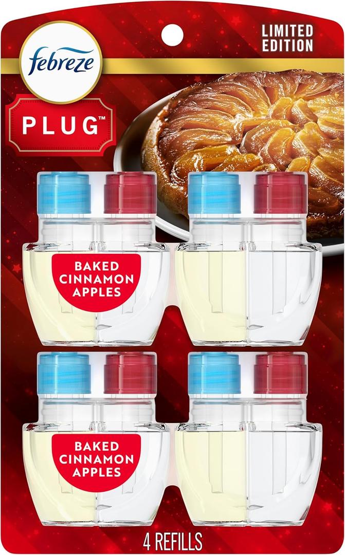 Febreze Plug-In Air Freshener, Odor-Fighting Scented Oil Refill for Home, Bathroom & Kitchen, Holiday Baked Cinnamon Apples Scent, 0.87 oz Refills, 4 Count (3.5 Fl Oz (Pack of 1))