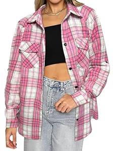 HOTOUCH Womens Pink Flannel Plaid Button Up Shirts Long Sleeve Roll Up Comfy ButtonDown Buffalo Checkered Tunic, Pink and White XXL