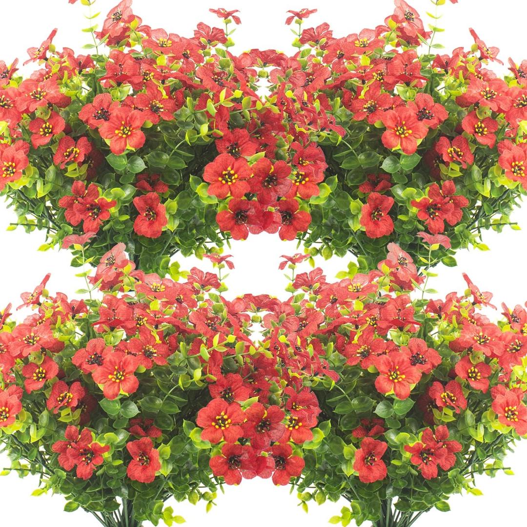 Grunyia 10 Bundles Artificial Flowers Outdoor UV Resistant Fake Flowers No Fade Faux Plants Garden Porch Window Box Decorating (Red)
