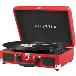 Victrola Journey Bluetooth Portable Suitcase Record Player  with Built-in Speakers, 3 Speed Vinyl Record Player, RCA Out, Headphone Jack (Red)
