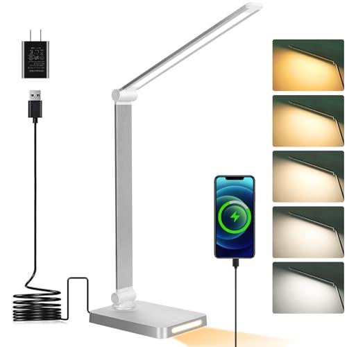 Dott Arts LED Desk Lamp with USB Ports,Touch Desk Lamps for Home Office with 5 Color Modes,3 Brightness Desk Light with Small Night Light,Reading Lamp Table LED Lamp for Bedroom Bedsid Study Sliver