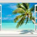Ocean Wall Art Pictures for Beach Canvas Painting for Living Room Fake White Window Frame Style Blue Seascape Print Tropical Beach Palm Tree Artwork for Home Bedroom Office Decoration 24x36inch