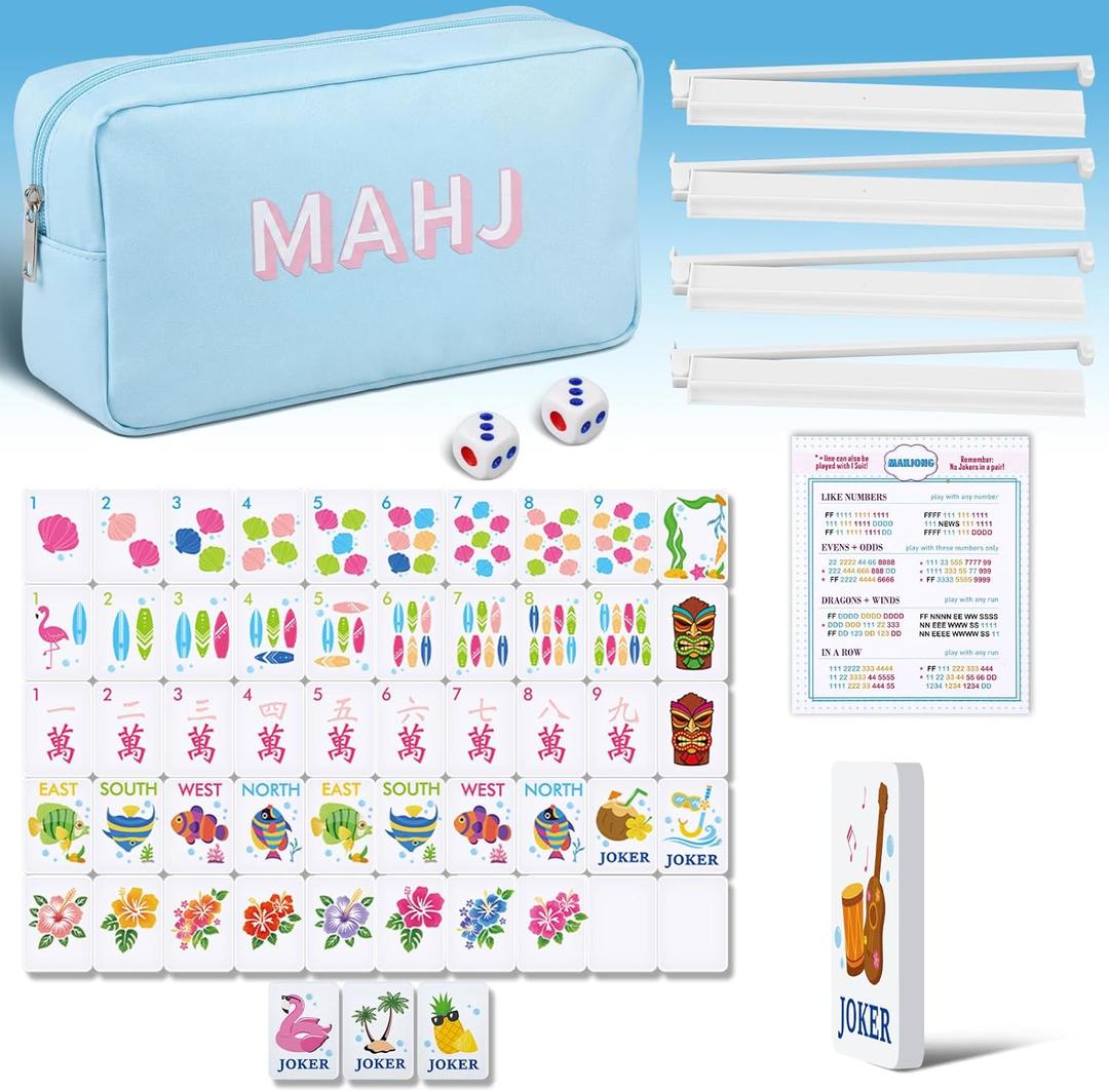 Portable Mahjong Set 160 Pieces of Thin Mahjong Tiles and Soft Carrying Case, Rule Cards for Beginners Nice for Travel, Family Gatherings Nights(Summer), 8.7 x 4.7 x 2.8 inches
