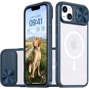 Clear Case Compatible with iPhone 14 Plus MagSafe with Sliding Lens Cover Protector, [Strong Magnets][Anti Yellow] Transparent Acrylic Back Soft TPU Frame iPhone 14 Plus 6.7" (Deep Blue)