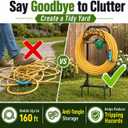 Garden Hose Holder Water Hose Reel Stand with Storage Basket Holds 160ft, Heavy Duty Freestanding Hose Stand with Triangular Base, Metal Hanger for Outside Yard Lawn, Black