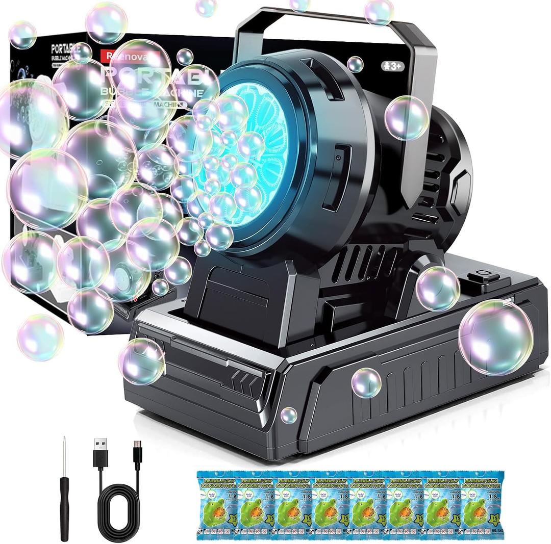 Bubble Machine 10-Hole Automatic Bubble Blower, 20000+ Bubbles Per Minute, Plug-in or Battery Operated, Portable for Kids, Outdoor Parties, Weddings & Birthdays