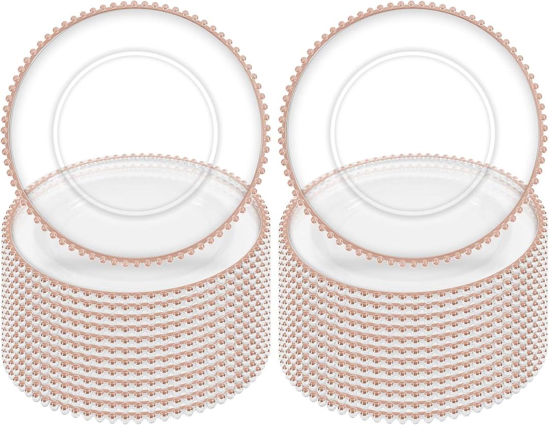 24 Pack Clear Charger Plates With Rose Gold Beaded Rim - 13 Inch Plate Chargers for Dinner, Acrylic Decorative Plates, Transparent Decorative Dinner Charger Plates for Events & Parties (Rose Gold), 24 Pcs-13"
