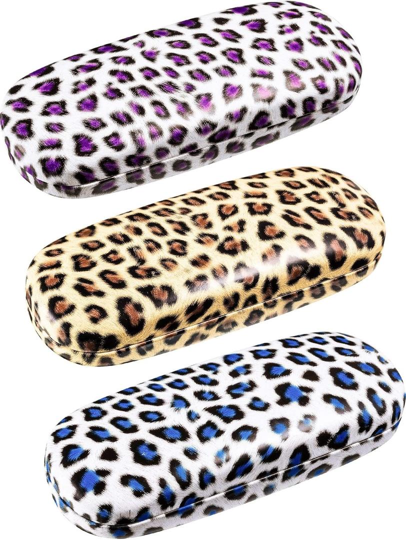 Frienda 3 Pieces Hard Shell Glasses Case Leopard Print Hard Shell Eyeglass Case Protective Sunglasses Case with 3 Pieces Glasses Cloth