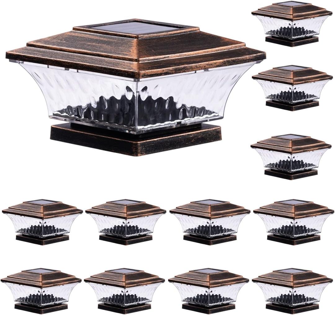 HUYIENO Solar Post Cap Lights Outdoor LED Lighting Deck Fence Cap Light Two Light Modes Warm White/Bright White Suitable for 4x4 Wooden Posts (Brushed Copper, 12pk)
