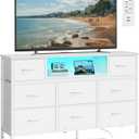 SONGMICS BELLAH Collection - Dresser for Bedroom with Outlets and LED Lights, TV Stand for TVs Up to 55 Inches, Chest of Drawers, 8 Drawers, Steel, Modern, Cloud White ULGS433WH02S