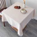 Linen Square Tablecloth 52 x 52 Inch Beige Washable Wrinkle Resistant Table Cloths with Tassels Farmhouse Decorative Burlap Fabric Table Cover for Wedding Camping Party Holiday