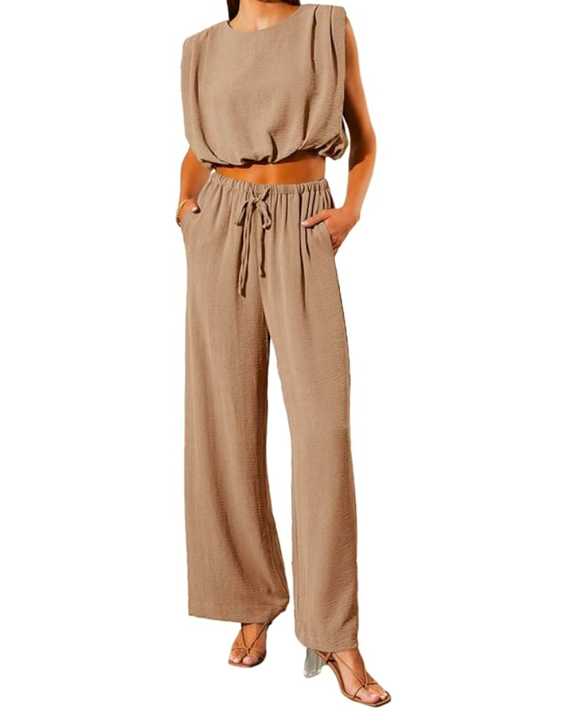 Dokotoo Two Piece Outfits for Women Resort Wear 2024 Sexy Summer Holiday Solid Comfy Sleeveless Crop Tops and Elegant Drawstring High Waisted Long Pants with Pockets Jumpsuits Khaki Small