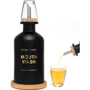 Mouthwash Dispenser for Bathroom 11.8oz  Glass Mouthwash Bottle with Cup & Bamboo Tray, Gold Hot-Stamped Lettering, Silicone Base, Modern Bathroom Accessory (Black)