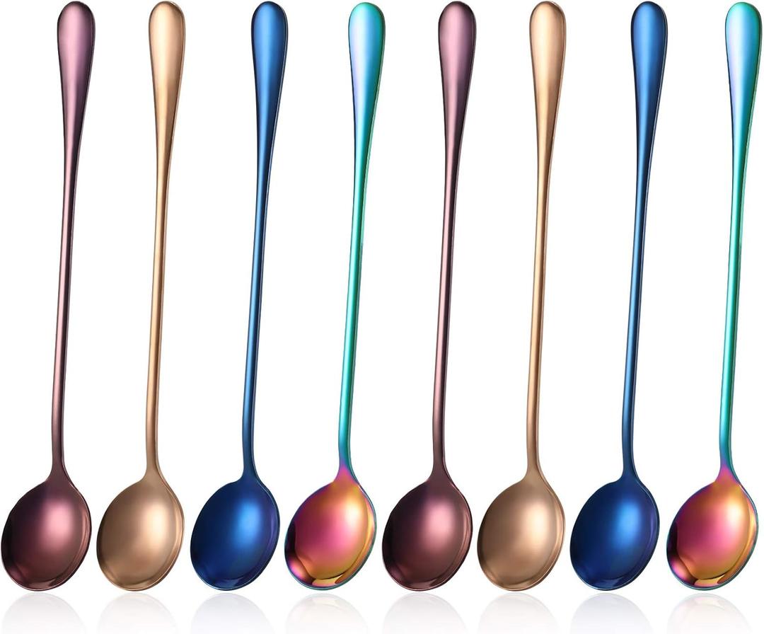 8 Pieces Long Handle Tea Spoon Stainless Steel Coffee Mixing Spoons Teaspoon for Mixing, Cocktail Stirring, Coffee, Milkshake, Cold Drink, 7.48 Inch (Round Style)