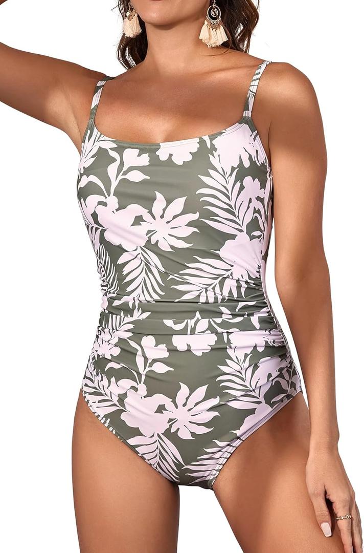 Eomenie Women's One Piece Swimsuits Tummy Control Ruched Bathing Suit 1 Piece Swimwear (Green Printed) XS
