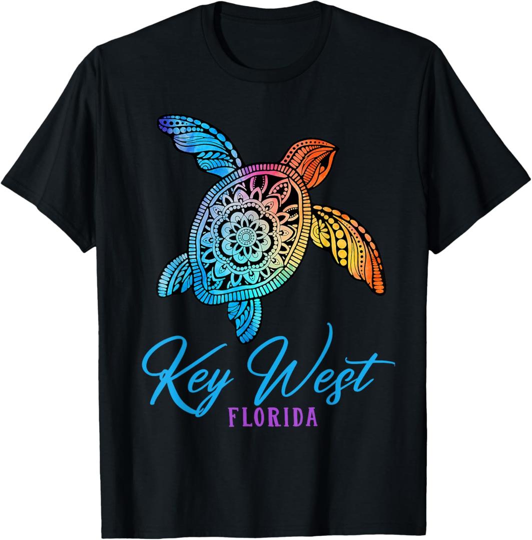 Key West T-Shirt Key West Florida Tribal Tie Dye Sea Turtle T-Shirt (Small, Black)