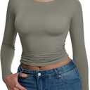 REORIA Long Sleeve Shirts for Women 2025 Fall Fashion Round Neck Basics Y2K Tops Layering Slim Fitted Top (Medium, Grey Green)