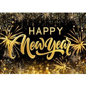 LYCGS 10x8ft Happy New Year Backdrop Black and Gold New Year Photo Backdrop Banner X-319