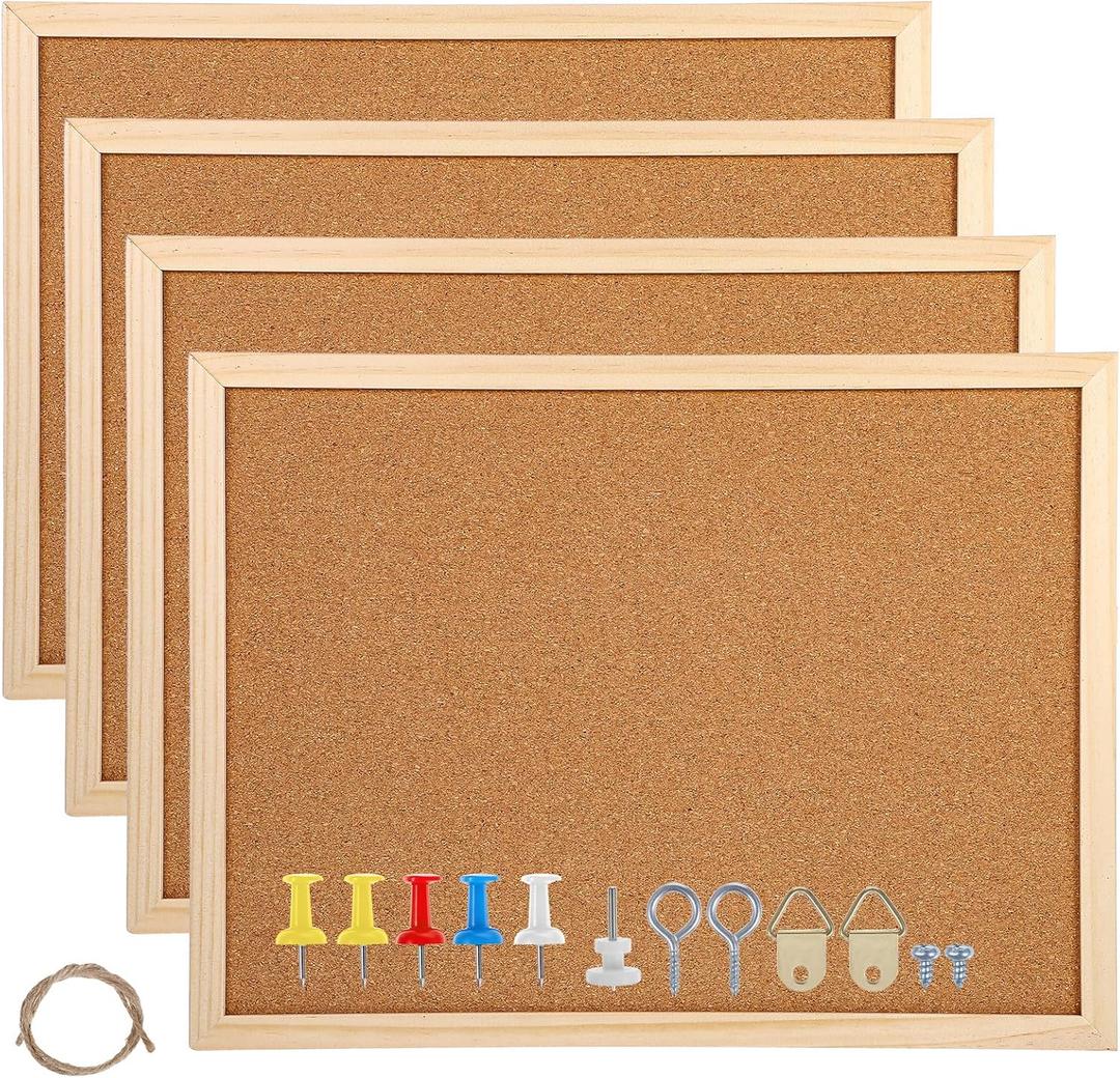 4 Pack Cork Board Bulletin Board Notice Pin Square Pin Wall Mounted Cork for Office Home and School, 15.7 x 12 Inches