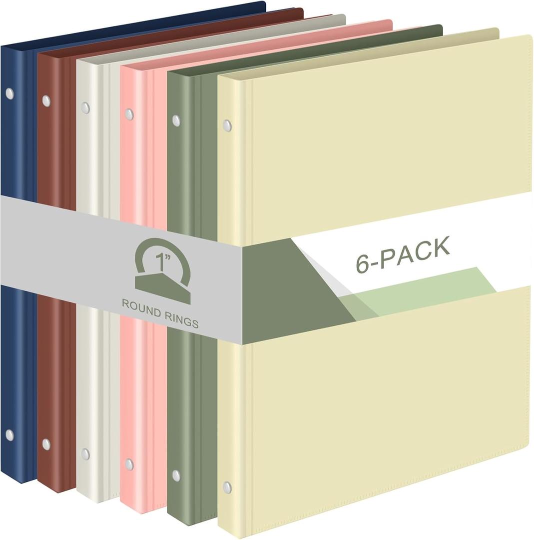 Fulmoon 6 Pack Plastic 3 Ring Binder Assorted Colors Economy Flexible Round Ring Presentation Binders with Pocket for Office School Meeting(1 Inch,Morandi Colors)