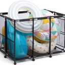 ALIMORDEN Extra Large Pool Storage Bin, Rolling Mesh Basket Organizer, Metal Frame Container Holder for Swimming Balls, Floats, Toys and Beach Towels, Black
