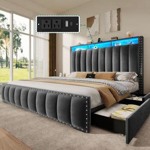 DWVO Queen Size Bed Frame with 4 Storage Drawers and RGB LED Lights, Velvet Upholstered Platform Bed with Charging Station and Bookcase Storage Headboard, No Box Spring Needed, Easy Assembly, Grey