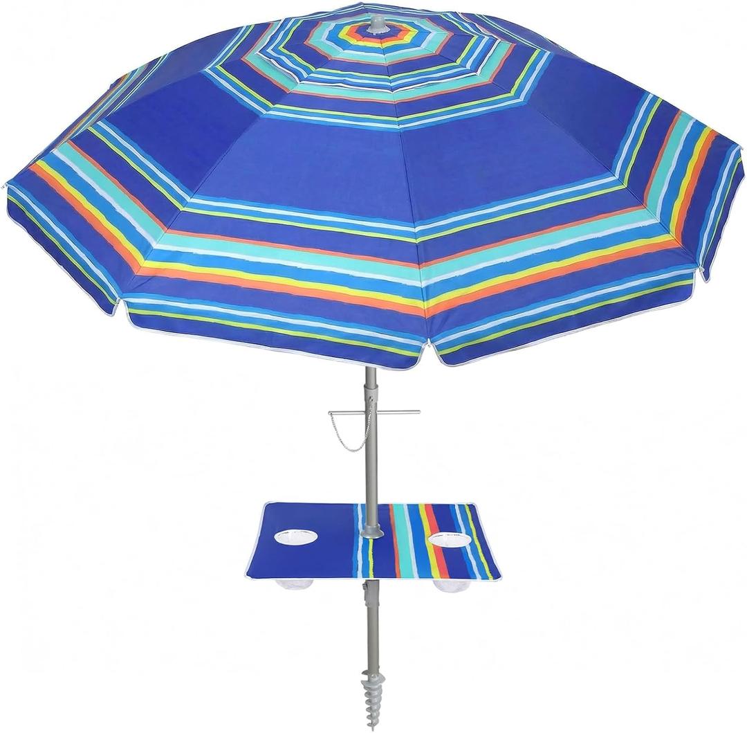 PASAMIC 7ft Beach Umbrella for Sand Featuring a Built-in Table with Sand Anchor & Tilt, UPF 50+ Protection Beach Umbrella for Heavy Duty Wind with Bag and Hook, Dark Blue Stripes（Random pattern）