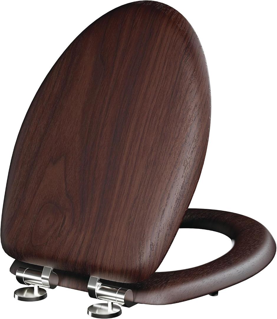 Elongated Acacia Wood Toilet Seat, Slow Close Solid Wood Toilet Seat Support 400 lbs, Heavy Duty Oval Toilet Lid with Soft Close Chrome Hinges, Grip-Tight Bumpers - Easy to Clean, Quick Assembly