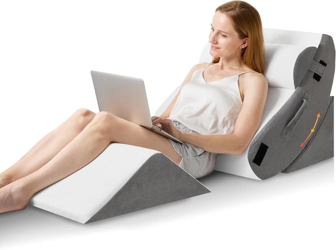 HABUTWAY 4Pcs Orthopedic Wedge Pillow, Bed Wedge Pillow for Sleeping, Post Surgery Foam Wedge Pillow for Back Pain Relief, Triangle Adjustable Support Pillow with Machine Washable Cover, White&Grey (4 Piece Set)