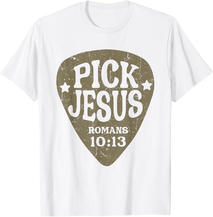 Guitar Pick Jesus Christian Music Guitarist Pastor Retro T-Shirt (White, L)