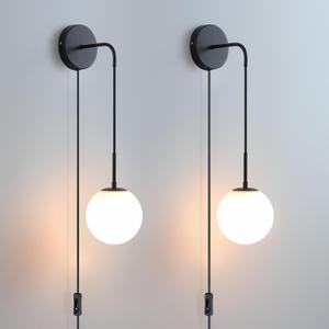 KUZZULL Wall Sconces Set of Two Plug in Wall Sconces Matte Black Wall Lamp with Plug in Cord and Switch Hanging Indoor Wall Mounted Lights with Globe Glass Shade Plug in Sconces Wall Decor Set of 2