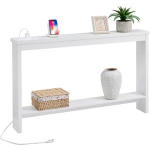 ZGREN Narrow Sofa Table with Outlet and USB Port, Behind Couch Table Skinny Console Table with Charging Station Thin and Long Slim Entryway Table for Living Room, Hallway, Entry Hall, Foyer, White