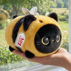 Mewaii Cute Black Cat Bee Plush Pillow, Kawaii Plushies Bee Stuffed Toy, Kitten Plushies with Honeybee Outfit Costume, Soft Squishy Bee Gift for Girls & Kids (8 Inch)