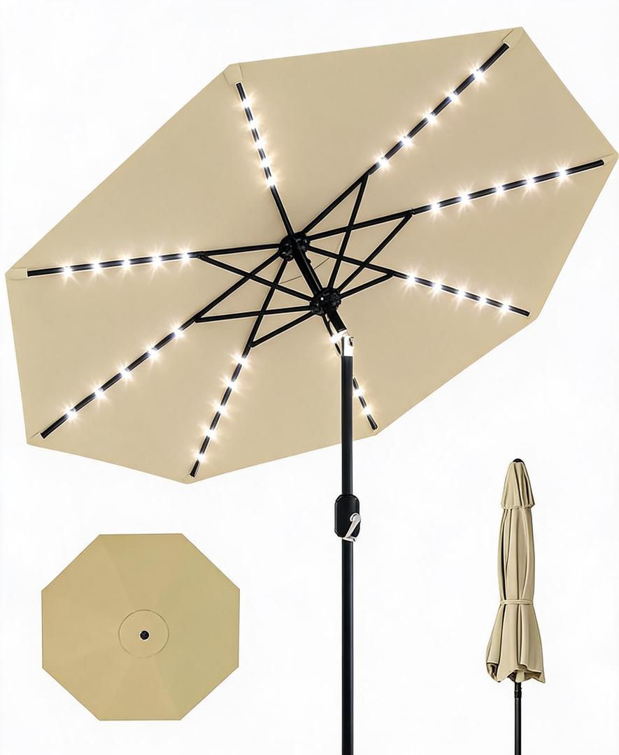 GarveeLife 10 ft Patio Umbrella with Solar Lights, 8 Ribs Outdoor Market Table Umbrella with 40 LED Lights & Tilt Crank for Pool, Deck, Backyard (Beige)