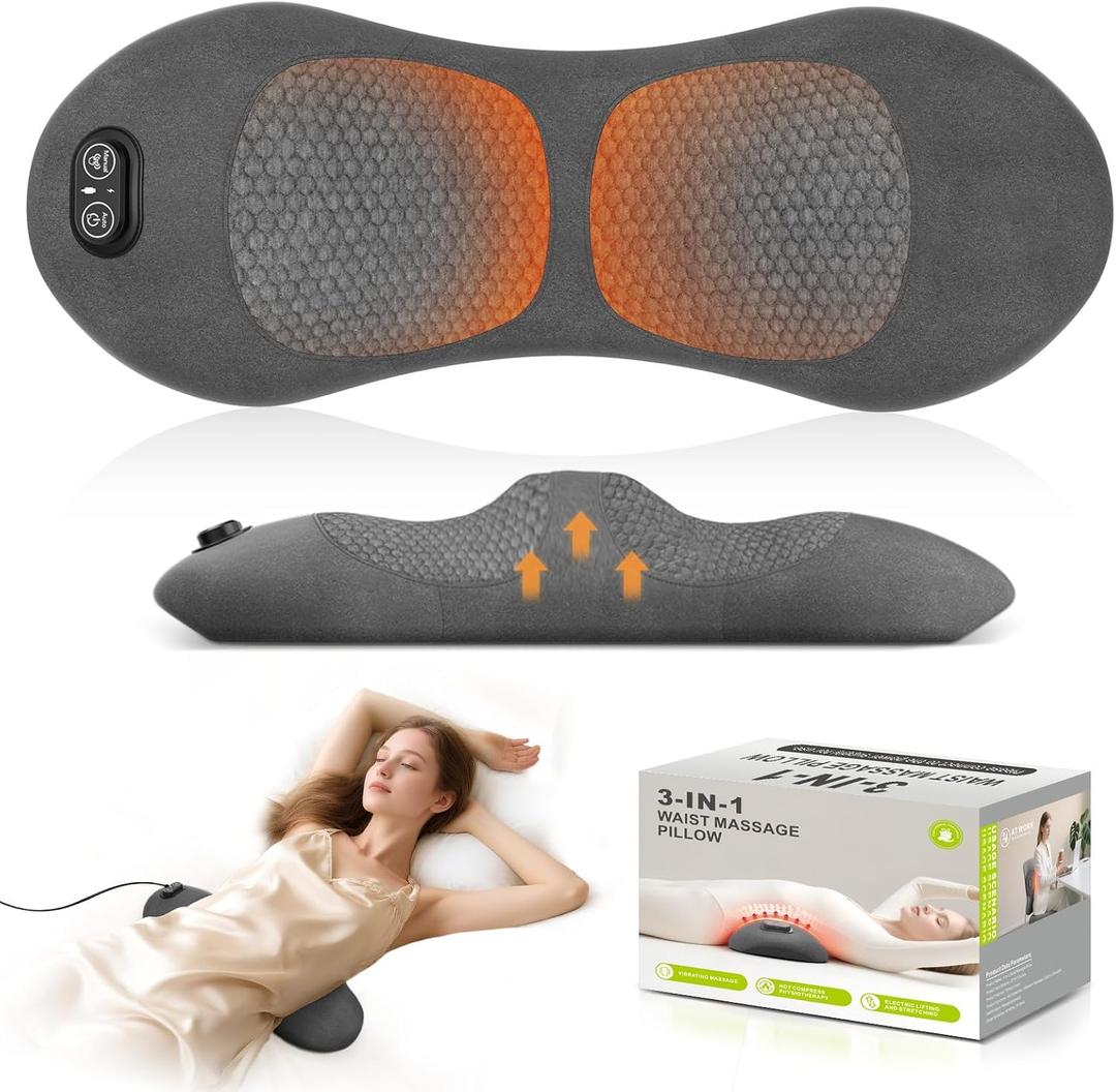 Smooth Triple Fusion 3-in-1 Back Massager Lumbar Pillow with Heat, Vibration & Traction Back Massager for Pain Relief, Deep Tissue Relaxation for Home, Office- Corded Electric Gift Idea (Dark Gray)