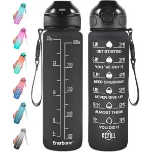 Enerbone 32 oz Drinking Water Bottle with Times to Drink and Straw, Motivational with Carrying Strap, Leakproof BPA & Toxic Free, Ensure You Drink Enough Water for Fitness Gym Outdoor (Black Matte)