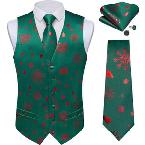 DiBanGu Mens Christmas Suit Vest and Tie Set for Men Waistcoats and Necktie Pocket Square Set for Prom Party S-3XL (XX-Large, Green Red)