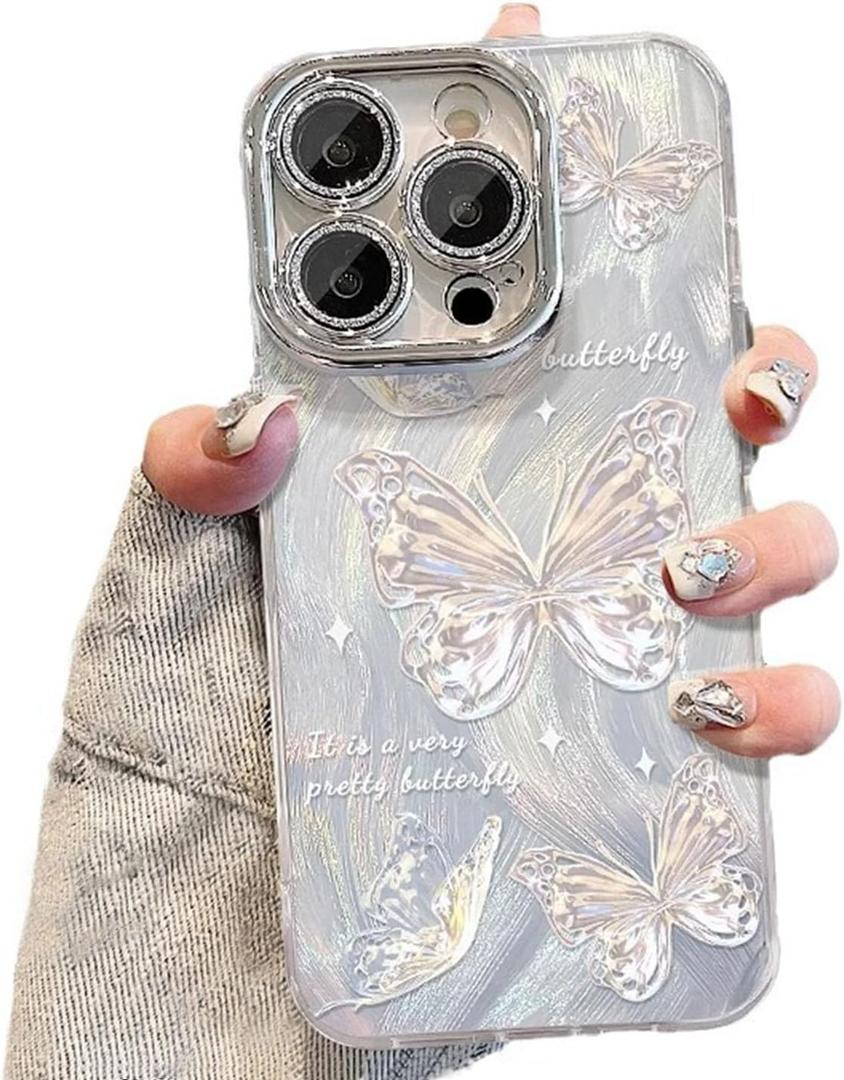 Case for iPhone 15 Pro, Built-in Glitter Camera Lens Cover, Shiny Silver Colorful Butterfly Design for Women Girls, Cute Slim Soft TPU Edge Shockproof Protective Phone Cases 6.1 Inch