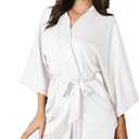 AW BRIDAL Large White Silk Robes for Bride and Women, Satin Kimono Robe with Long Sleeves, Short Bridesmaid Robes for Wedding Getting Ready, Sexy Silky Kimono Bathrobe, L