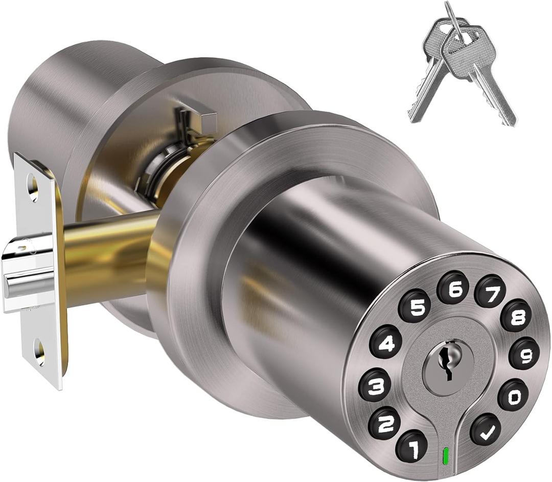 Keypad Door Knob with Key,Keyless Entry Door Lock, Code Locks Door Knob, Auto Lock,50 User Code,Easy to Install,for Home,Office,Hotel,Bedroom,Garage,No Deadbolt (Satin Nickel)