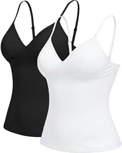 Women's Slim Fit V-Neck Light Tummy Control Camisole Adjustable Spaghetti Strap Built-in Bra Tank Compression Top, Size M 