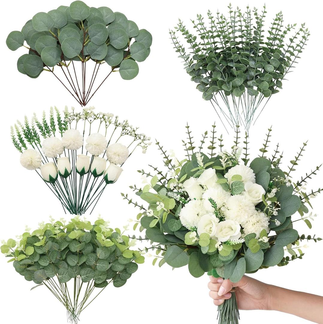 100 Pcs Artificial Mixed Eucalyptus Stems Bulk, 7 Kinds Faux Greenery Eucalyptus Leaves for Vase Wedding Bouquets Artificial Flowers for Centerpieces Home Decor