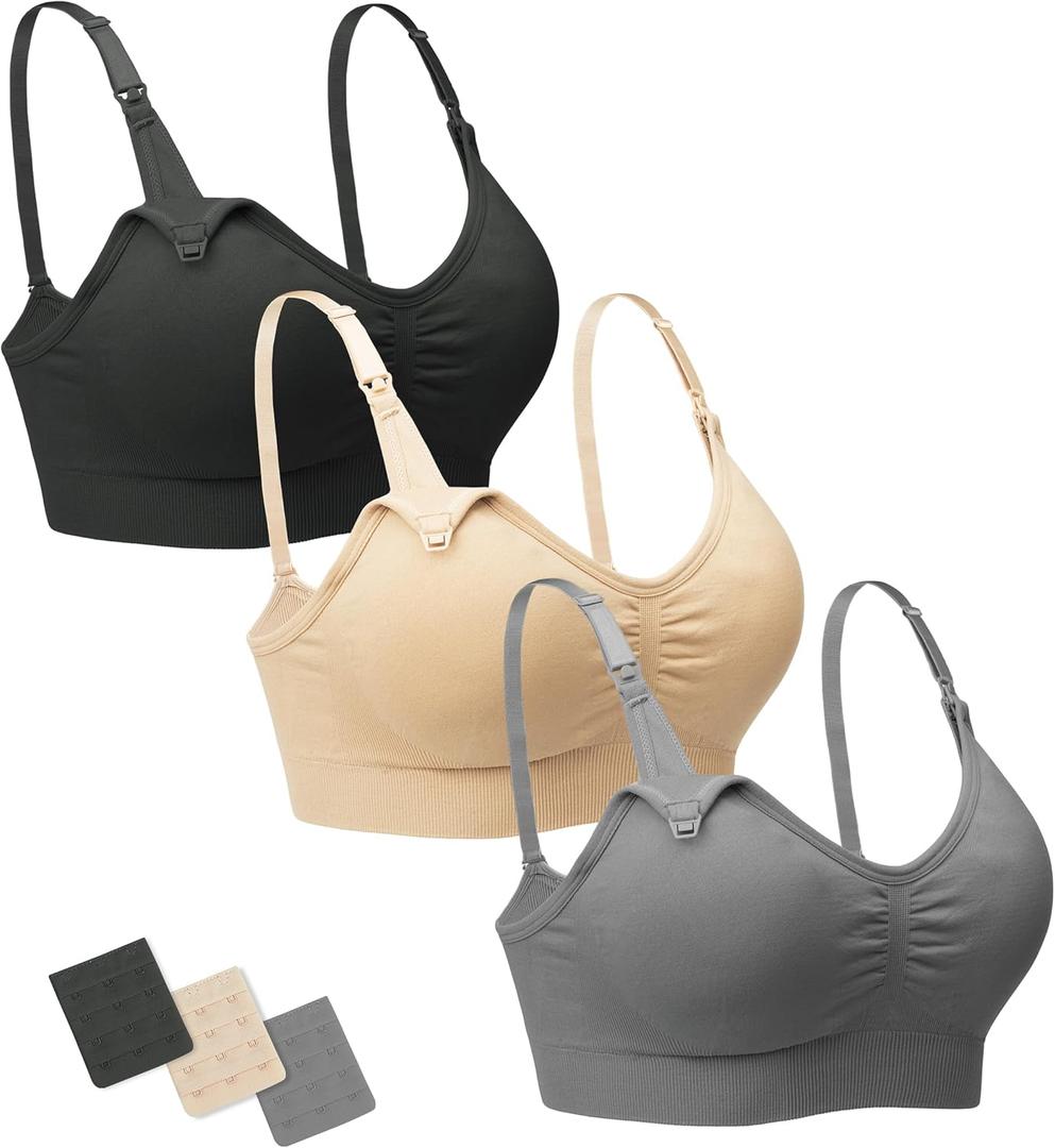 Stelle Nursing Bras Maternity Bra for Breastfeeding Pregnancy Wireless Bralette with Pads, Extenders & Clips (Medium, 3 Black+gray+beige)