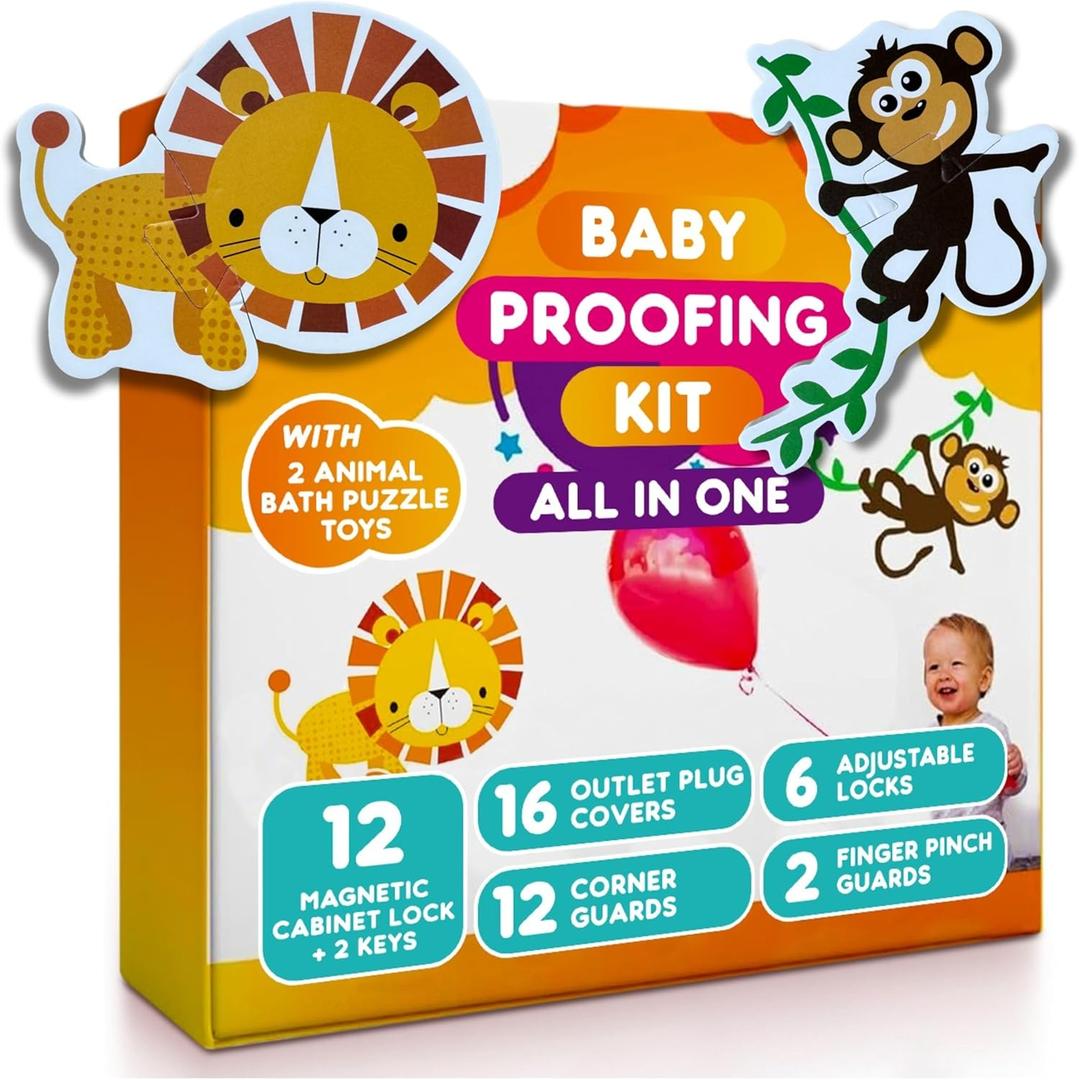 Child Safety Kit - 67 Pack Baby Proofing Essentials | Magnetic Cabinet Locks, Power Point Outlet Covers, Clear Corner Protectors, Strap Locks, Finger Pinch Guards | Bonus Bath Toys