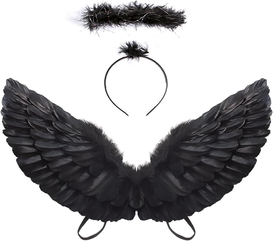 CLONG Fallen Angel Costume Wings for Girls Devil Wings for Kids Halloween Women (Medium, Black)