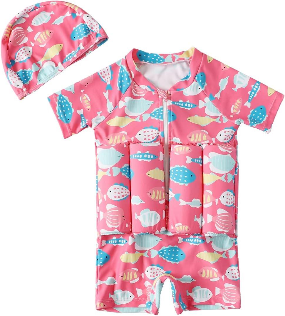 Kids Floatation Swimsuits Baby Boys Girls One Piece Float Suit Short Sleeve Swim Vest Zip up Buoyancy Swimwear +Cap (Pink)