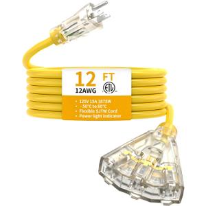 12FT 12 Gauge Heavy Duty Outdoor Extension Cord Waterproof with 3 Outlets Splitter & Lighted End, SJTW 15A 1875W 3 Prong Weatherproof Electric Cable Multi-Plug 3 way Power Cord, ETL Listed for Outside, Yellow