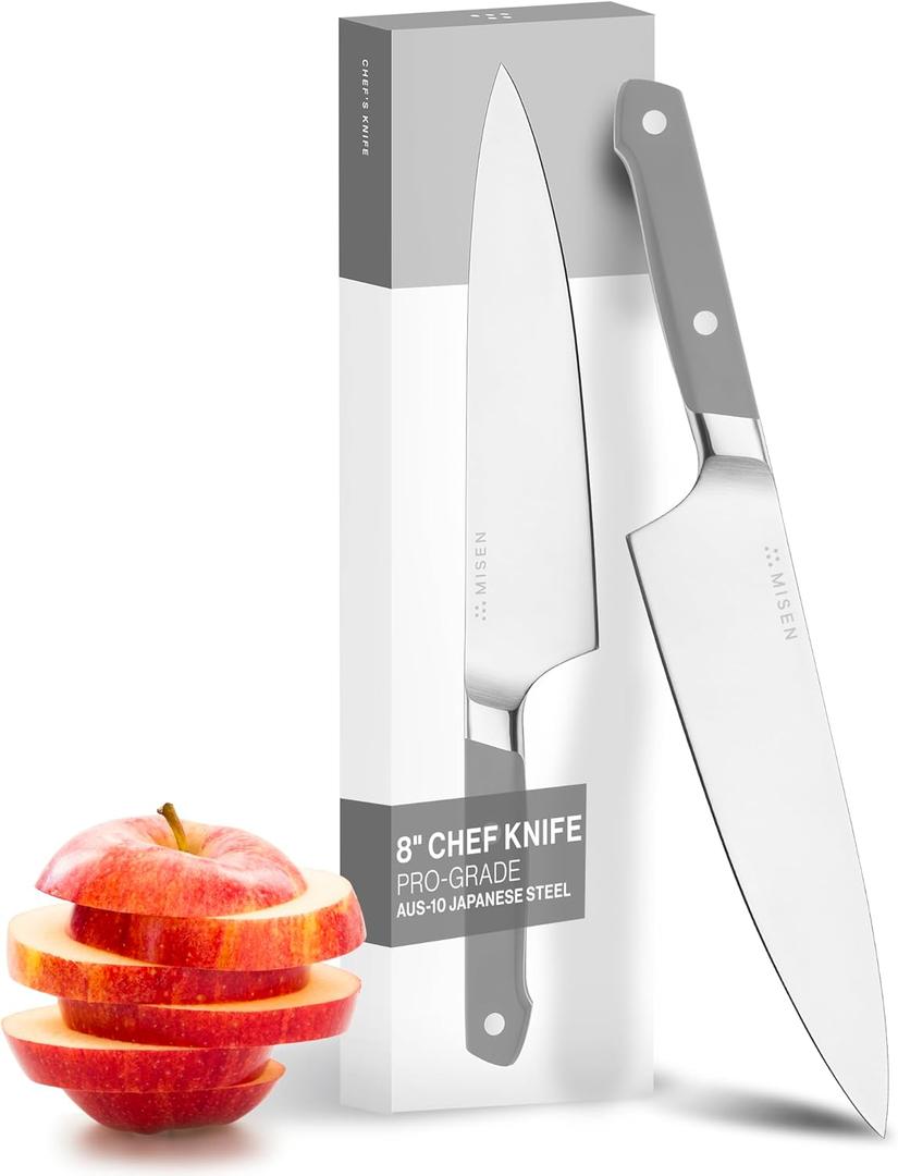 Misen 8" Chef Knife  High Carbon Japanese AUS-10 Stainless Steel  Hybrid German & Japanese Blade  Precision Kitchen Knife for Professionals & Home Cooks  Ultimate Cutting Performance - Gray